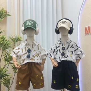 Bộ sơ mi hàn quốc bé trai, bộ sơ mi thô mềm bé trai, Bộ sơ mi họa tiết phong cách 90/130