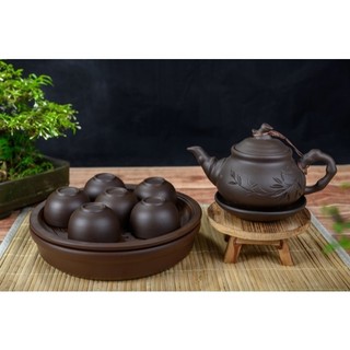 Ấm chén tử sa dáng rồng khay đôi