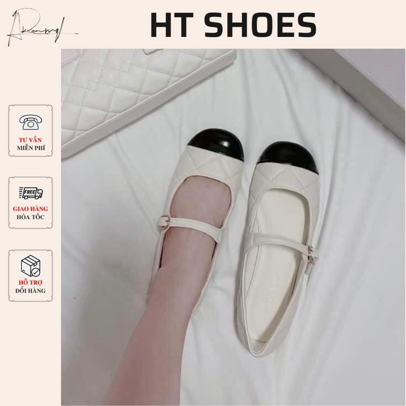  Giày bệt nữ búp bê mũi tròn hai màu phối quai khoá ngang phong cách thanh lịch cho nữ fullbox 8675 