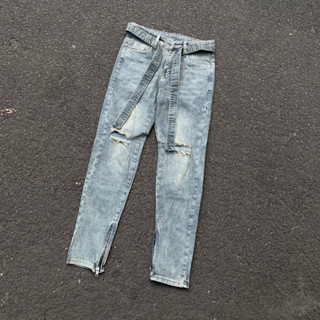 Quần jean nam Rách gối phối zip chân quần jeans skinny jean màu xanh vàng vintage mã 104 FAFIC STUDIO