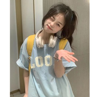 Xanh đại dương áo phông nữ form rộng LOOK thư logo in ấn cổ tròn dáng rộng áo thun 100%cotton local brand