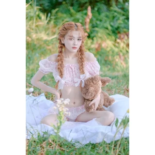 Bộ ngủ trễ vai hoa hồng chấm bi siêu cute 5258