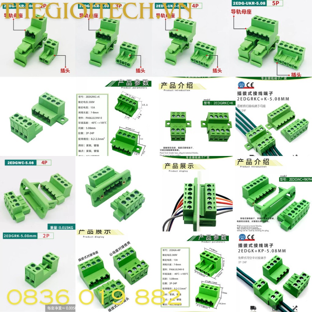 TH Bộ Đầu nối Đực Cái, cầu đấu dây Domino, terminal RS 2EDG 2EDGRKC 5.08 mm vặn vít 18P - 5.08 Có Tai Bắt Vít