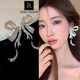 (Chuôi Bạc 925) Bông Tai Khuyên Tai Nữ Hình Nơ Đính Ngọc Sáng Đẹp cô dâu