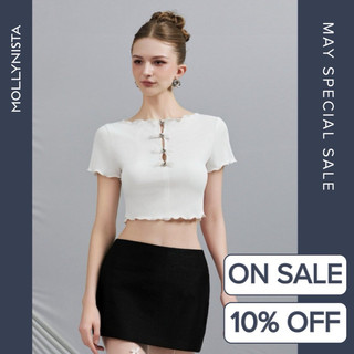 MOLLYNISTA (CHÍNH HÃNG) Áo thiết kế babytee 4 nơ nút bạc thanh lịch dễ thương quyến rũ nữ tính cao cấp tôn dáng