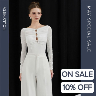 MOLLYNISTA (CHÍNH HÃNG) Áo thiết kế bodysuit nhún thân cut-out 4 nút quyến rũ nữ tính cao cấp đi chơi đi tiệc gợi cảm