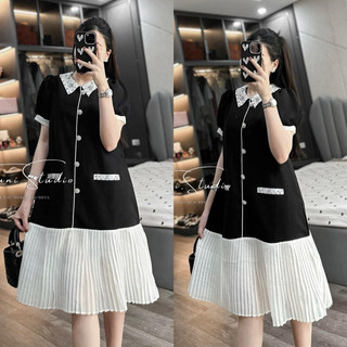 Váy xuông thiết kế [ NH clothing chuẩn ] mềm mại chân dập ly cổ đính đá cúc đá
