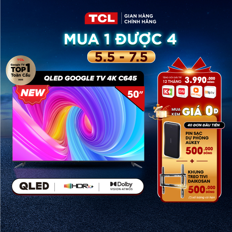 QLED Tivi TCL 4K UHD - Tivi 50'' 50C645 - Tivi 50 inch - Bảo hành 2 năm - Hàng chính hãng