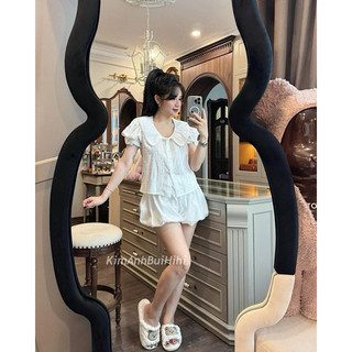 Set bộ áo ren thô chấm nổi quần bồng phối ren