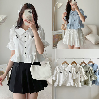 Áo sơ mi nữ ngắn tay cổ sen đính nơ dáng babydoll, Áo kiểu sơmi style Hàn Quốc A284