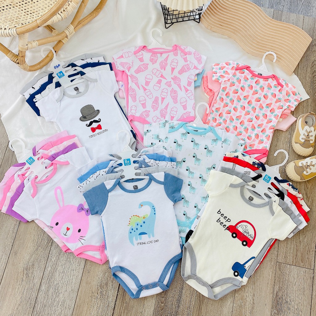 Set 5 Áo liền quần ngắn tay cho bé trai và bé gái sơ sinh từ 0-9kg, vải cotton mềm mịn, nhiều họa tiết