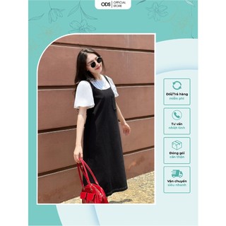 Đầm suông đen ODS thiết kế giả set, cổ tròn, tay, ngực trắng đính nút, túi ngực, tay ngắn lồng đèn trẻ trung - DI1