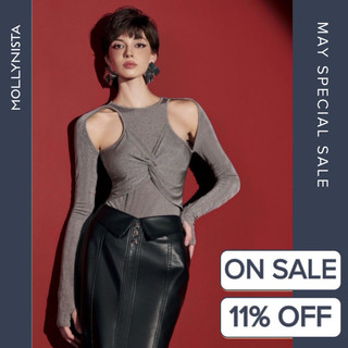 MOLLYNISTA (CHÍNH HÃNG) Áo bodysuit thiết kế xoắn ngực tay dài thanh lịch quyến rũ nữ tính cao cấp tôn dáng
