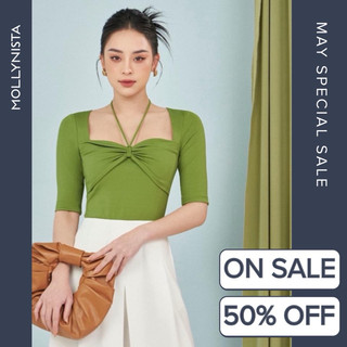 MOLLYNISTA (CHÍNH HÃNG) Áo thiết kế Rina thun khoét cổ có tay quyến rũ nữ tính cao cấp đi chơi đi tiệc