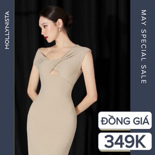 MOLLYNISTA (CHÍNH HÃNG) Đầm thiết kế Jio thun len sọc gân kiểu xoắn thanh lịch nữ tính cao cấp form ôm tôn dáng