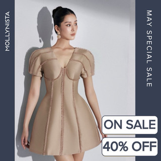 MOLLYNISTA (CHÍNH HÃNG) Đầm thiết kế taffeta cổ V chạy đăng lưới quyến rũ thanh lịch nữ tính cao cấp đi chơi đi tiệc