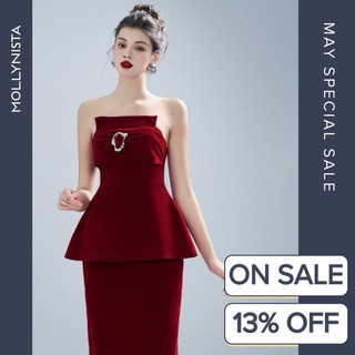 MOLLYNISTA (CHÍNH HÃNG) Áo tặng Váy nhung peplum cúp vuông thanh lịch quyến rũ nữ tính cao cấp tôn dáng