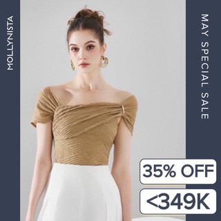 MOLLYNISTA (CHÍNH HÃNG) Áo thiết kế Fuzzy thun vân nổi chéo vai thanh lịch cao cấp form ôm tôn dáng