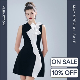 MOLLYNISTA (CHÍNH HÃNG) Đầm thiết kế thun đen xếp bèo trắng thanh lịch quyến rũ nữ tính cao cấp tôn dáng