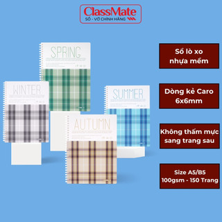  Sổ Tay Ghi Chép 150 Trang Classmate Sổ Kẻ Caro 6x6mm 100GSM Lò Xo Nhựa Mềm Tỳ Lên Không Đau Tay Sổ Color A5 B5 Take Note 