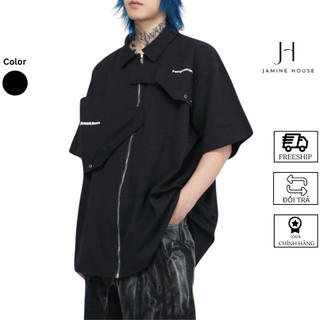 Áo Sơ Mi Nam Nữ JAMINE HOUSE Tay Ngắn Lụa Mango Khóa ZIP ĐẮP CHÉO Unisex Form Rộng