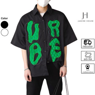 Áo Sơ Mi Nam Nữ JAMINE HOUSE Tay Ngắn  Thêu CHỮ XANH URBELụa Mango Form Rộng Phong Cách Unisex