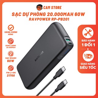 Cục sạc 20.000mAh - RAVPOWER  - Sạc Nhanh 60W, Sạc Đa Thiết Bị LAPTOP, ĐIỆN THOẠI, Pin Li-ion 21700 Siêu Bền
