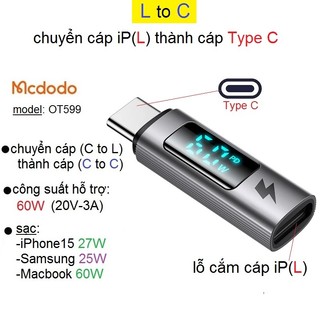 Đầu chuyển đổi lighting sang type c mcdodo ot599 sạc nhanh pd 60w