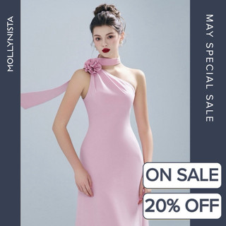 MOLLYNISTA (CHÍNH HÃNG) Đầm thiết kế hồng tà dài chéo vai kết hoa thanh lịch quyến rũ nữ tính cao cấp tôn dáng