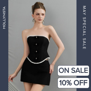 MOLLYNISTA (CHÍNH HÃNG) Áo thiết kế đen ống gọng corset 4 nơ quyến rũ nữ tính cao cấp đi chơi đi tiệc gợi cảm