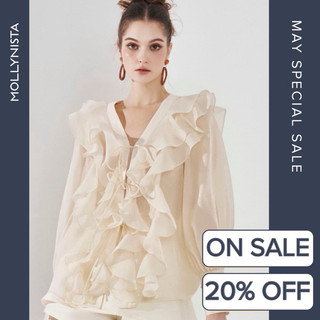 MOLLYNISTA (CHÍNH HÃNG) Áo thiết kế kem organza tơ bèo tay dài freesize thanh lịch nữ tính tiểu thư cao cấp