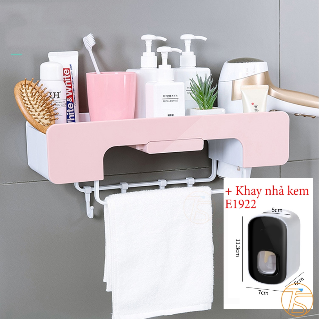 Combo kệ để máy sấy tóc và 1 khay nhả kem E1922 dán tường để bàn chải kem đánh răng trong nhà tắm