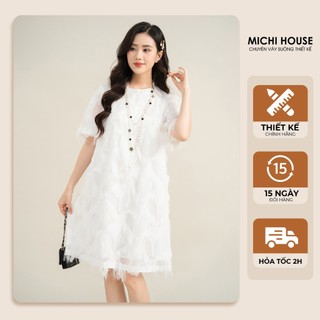 Đầm Suông A Michi House Váy Xuông Dự Tiệc Vải Voan Lông Vũ Sang Trọng Dáng Dài Đến Gối Freesize Bầu Mặc Xinh V588