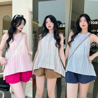 Set áo yếm kẻ sọc kèm quần short chất thô