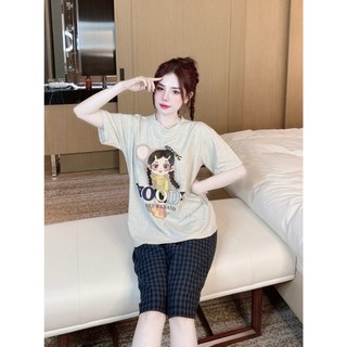 Bộ mặc nhà nữ tay cộc quần ngố hoạt hình chất cotton mềm mại freesize 40-60kg - Chun's sleepwear