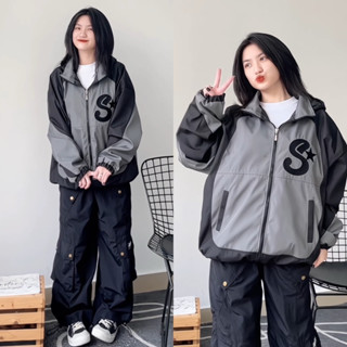 Áo Khoác Dù 2 lớp Form Rộng THÊU S màu XÁM ĐEN/XÁM TRẮNG 🖤 Nam Nữ Unisex 🖤 Áo khoác gió mũ rộng Jaystoree