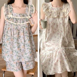 Set váy ngắn mặc nhà sát nách hoa nhí quảng châu