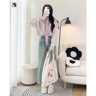 Áo sơ mi nữ Twentyfive dáng rộng tay dài vạt cổ thủy thủ họa tiết kẻ sọc 5822
