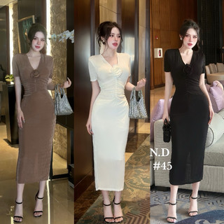Đầm body cổ V cộc tay dáng dài, đính hoa nhún eo hàng 2 lớp a15
