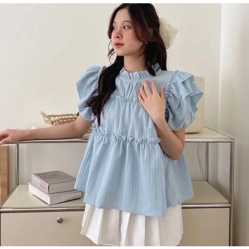 Áo sơ mi babydoll bèo cánh tiên chất đũi gân mát, áo sơ mi nữ sang chảnh