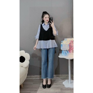 Áo bầu công sở tay lửng phối kẻ thời trang