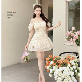 Váy dự tiệc, đầm đi dự tiệc trễ vai 2 dây họa tiết hoa xinh xắn dáng xòe ngắn bồng bềnh