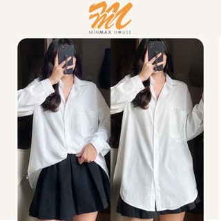 Áo sơ mi nữ màu trắng vải lụa cao cấp MinMax.House, áo sơ mi form rộng tay dài oversize có túi ngưc