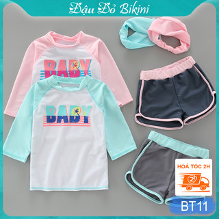 Bộ bơi bé gái dáng thể thao, quần đùi boxer & áo thun tay lỡ, 2 màu nữ tính, chất thun bơi đẹp, tặng kèm turban | BT11