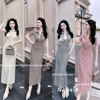 Váy Body Kẻ Phối Cổ Cài Nút Dáng Dài Xinh