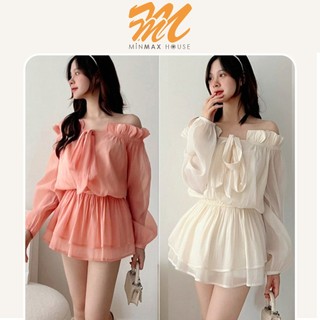 Áo trễ vai tay bồng thiết kế bo chun form áo dấu quần,áo Babydoll trễ vai liền thân chất voan tơ sóng