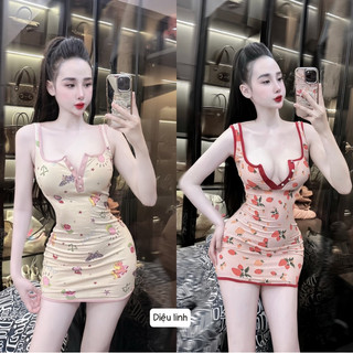 Đầm body ba lỗ cổ U cài cúc sexy hoạ tiết hoạt hình trẻ trung d43