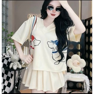 Set chân váy áo ngắn tay cổ tym dáng thụng Mix Chân Váy Xếp ly- In Hình Cún