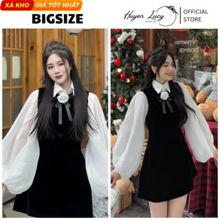 SET áo sơ mi trắng tay bồng kèm yếm váy NHUNG kèm HOA nơ tiểu thư sang chảnh thanh lịch Huyền Lucy Bigsize Hot Trend