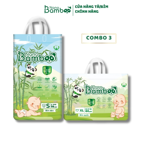 {Chính hãng}Combo 3 Tã bỉm quần/dán NanoBamboo 132-168 miếng SZ NB/ S/ M/ L/ XL/ XXL/ XXXL siêu thấm